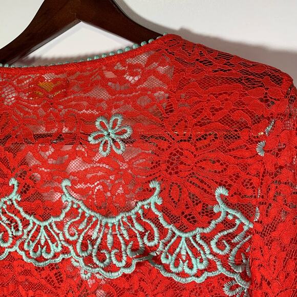 Antica Sartoria by Giacomo Long Lace Kimono Red Aqua Embroidered Boho Cover up - Picture 11 of 16